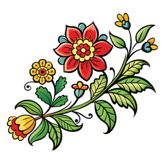 Floral Design Elements Stylized Red Blossom with Decorative Leaves and Branches Isolated