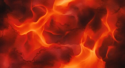 Dramatic swirls of intense red and orange paint create an abstract fiery effect, resembling flames