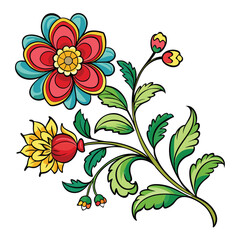 Decorative Floral Branch with Colorful Flowers, Leaves and Buds Botanical Art