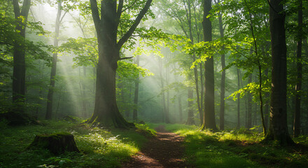 Obraz premium Serene Forest Scene with Sunlight Filtering Through Dense Green Foliage