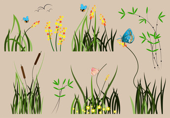 Eight herbal compositions from grass, branches, flowers and insects. Vector set