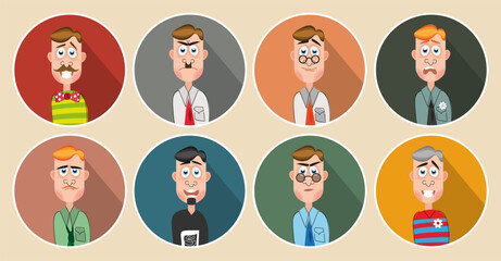 Eight cartoon characters. Men with different looks and emotions. Vector set