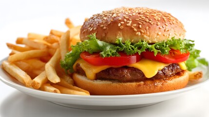 Delicious hamburger with juicy beef patty, melted cheese, fresh tomato, lettuce, and sesame seed bun served alongside crispy french fries.
