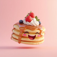 Delightful pancakes topped with strawberries, blueberries, and whipped cream, exuding cheerful expression, perfect for breakfast lovers