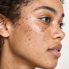 Close-up portrait of a young woman with natural hyperpigmentation, freckles, and glowing healthy skin