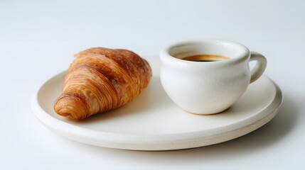 Golden croissant served with a cup of dark coffee on a plain white plate, minimalist food photography concept.