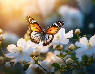 butterfly landing on white flowers nature scene close up photography soft focus background