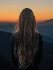 Fototapeta premium A woman's silhouette gazes into the horizon during a sunset, capturing the beauty of nature and solitude.