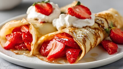 Delicious crepes filled with fresh strawberries and topped with whipped cream. A perfect breakfast or dessert indulgence.