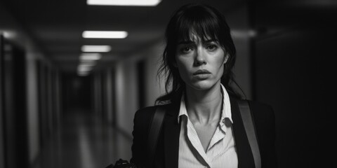 Moody and intense, this image captures a moment of a female detective in a dimly-lit hallway. She is positioned centrally, with her back to the camera, adding an air of mystery and focus. Her gaze is
