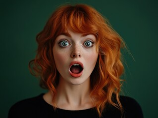 A close-up photograph of a woman with expressive eyes, red hair, and lips, wearing vibrant makeup and a dark outfit against a green background. Her pose conveys surprise or shock.