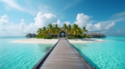 Obraz premium A wooden bridge over the blue ocean water leading to a luxury hotel on an island in the middle of the ocean.