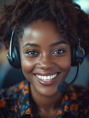 A person, likely a woman based on the facial features, is smiling and appears cheerful while wearing a headset with a microphone, suggesting a customer service or call center environment. She has
