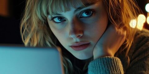 A photograph capturing a young woman thoughtfully working on her laptop in a dimly lit room, embodying the essence of productivity and deep thinking.