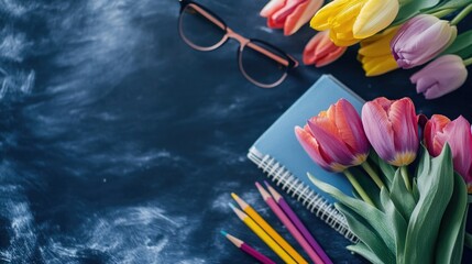 A cozy workspace setup featuring items that inspire creativity and productivity. A desk with a notebook, a pair of glasses, a set of colorful pencils, a blue mug, and a bouquet of fresh tulips in the