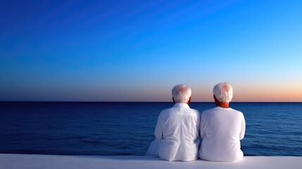Fototapeta premium Elderly couple enjoying sunset by the sea