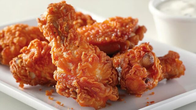 A plate of fried chicken wings with a dipping sauce. The wings are golden brown and crispy, and the sauce is white. The plate is set on a white table, and the wings are arranged in a neat row