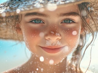 A young girl's joyous moment at the beach. She is smiling into the distance with sparkling eyes under a sunny sky. The vast ocean in the background adds to the serene atmosphere.