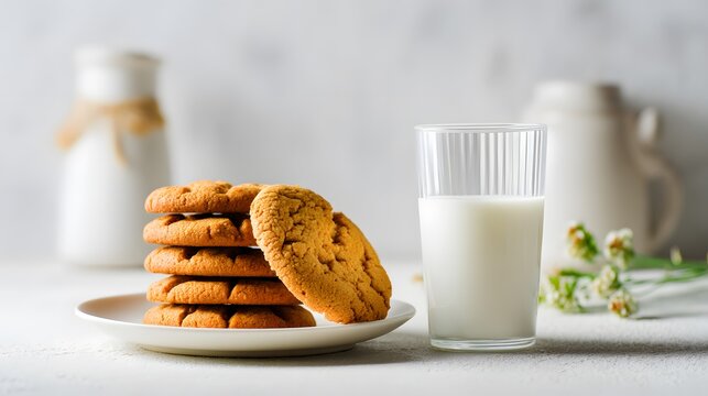 A stack of freshly baked cookies with a glass of refreshing milk, creating a cozy and inviting scene, perfect for a comforting treat. 