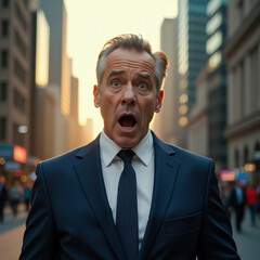 An enthusiastic businessman in formal attire showing exaggerated surprise in a vibrant city setting characterized by tall buildings and urban life