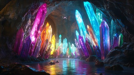 Obraz premium Vibrant Rainbow Crystals Glimmering in a Magical Cave with a Tranquil Water Reflection