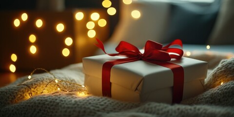 Celebratory Christmas decorations, Festive gift box set, Seasonal festive decorations, Christmas present, Holiday celebration, Gift-giving, Present wrapped in ribbon, String lights, Tiny lights, Cozy