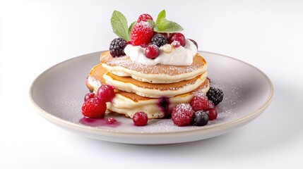 Stacked pancakes topped with whipped cream and fresh berries