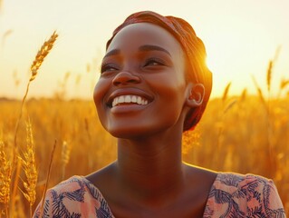 A woman stands amidst a field of golden wheat, her smile radiant against the warm hues of the sunset.