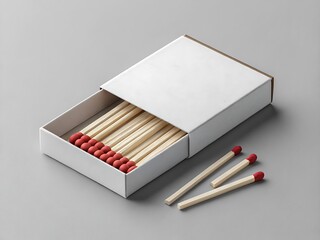 A white matchbox with red tipped matches inside and three matches outside on a gray surface view from above
