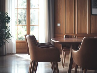 The image depicts a serene living room interior bathed in natural light. A wooden Eames chair is the focal point of the room, placed in front of a dining table. The room features minimalist furniture