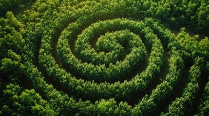 This image showcases an aerial perspective of crop circles in a field, with the patterns intricately intertwined and surrounded by lush greenery. The colors are vibrant, emphasizing the contrast