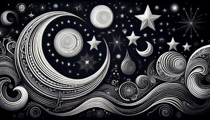 intricate black and white celestial design featuring moons and stars