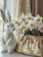 A white Easter bunny figurine sitting next to a vase of yellow daffodils, set on a table against a window.