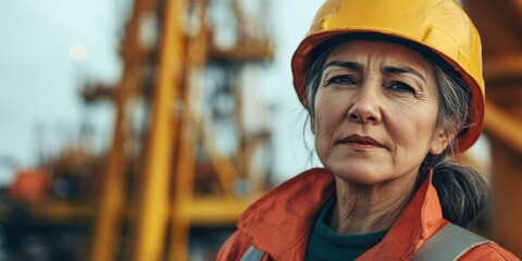 A photograph of a woman wearing construction work gear, standing on an oil rig or industrial site.