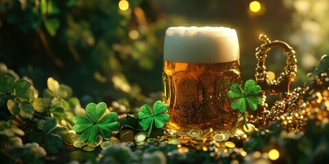 This is a vibrant and festive image that captures the essence of St. Patrick's Day. The scene includes a mug of frothy beer, likely Irish stout, placed amidst green shamrocks. Adding to the theme,