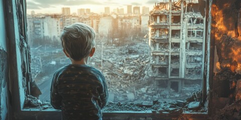 A poignant image of a young child standing on rubble, overlooking a shattered cityscape. The image evokes themes of resilience, contemplation, and the impact of conflict on innocent lives.
