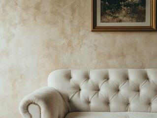 Stylish interior image showcasing a modern sofa with tufted backrest against textured wallpaper, set against a neutral-toned wall with framed artwork.