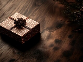 This image depicts a festive holiday gift box resting on a textured surface, placed next to Christmas decorations. The gift box is adorned with a metallic bow and a dark brown ribbon tied around it.