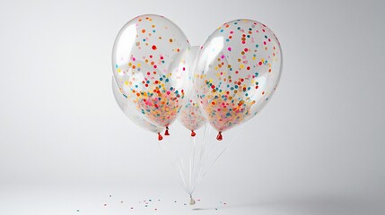 Celebratory clear balloons filled with vibrant confetti against white backdrop