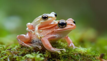 close up, front view, baby frog sitting on mother frog