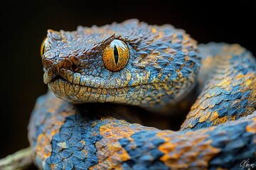 close up front view, Blue viper coiled on a branch
