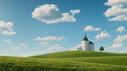 Symbolize of whole milk organic. Serene farm landscape with clouds and a barn on a gentle hill.