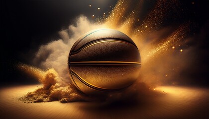 a basketball is sitting in a cloud of dust the ball is gold and black the dust is covering the ground and the ball