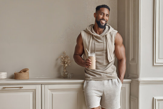 Smiling athletic african american man with protein shake relaxing in modern minimalist kitchen - Powered by Adobe
