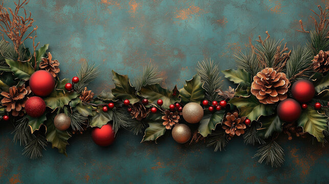 Christmas garland with festive red and gold decorations,pine cones,and holly on textured blue background in Victorian style for websites or blogs for holiday promotions, event invitations