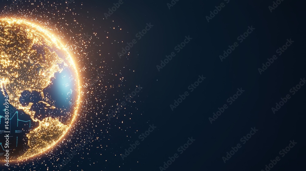 Poster globe data visualization and analytic 3d globe with glowing data points and analytical charts, dark 