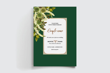 WEDDING INVITATION FRAME WITH FLOWER DECORATIONS AND FRESH LEAVES