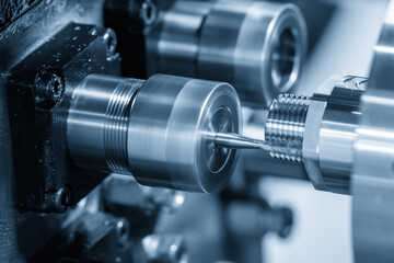 The multi tasking CNC lathe machine Swiss type external thread cutting process by thread mill tool...