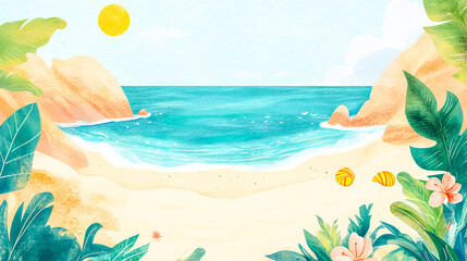 Bright beach clipart with sunny coastline and ocean