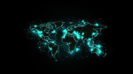 globe Cybersecurity and Protection World map with glowing lines and nodes representing secure connections, dark background, symbolizes encrypted communication